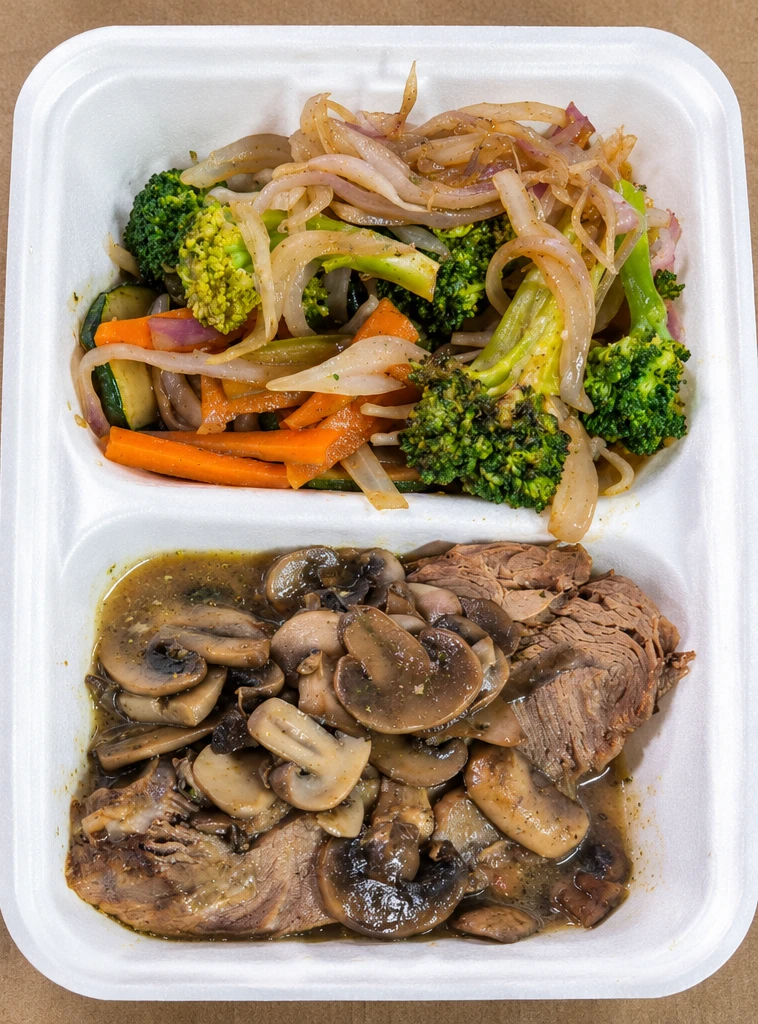 Bandeja con carne en salsa de champiñones y verduras salteadas: brócoli, zanahoria, zapallo italiano y cebolla