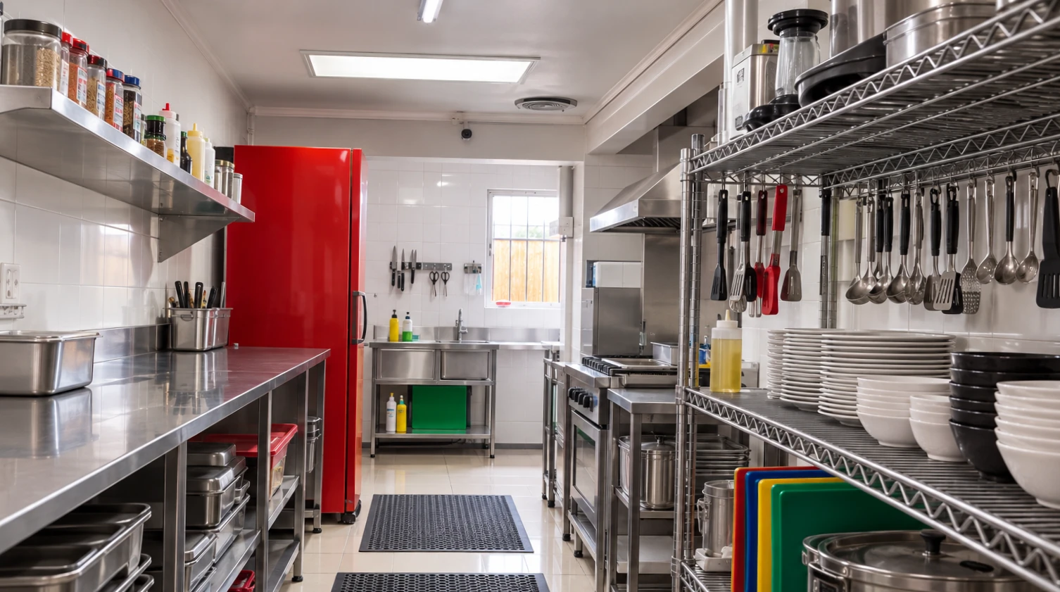 Cocina del restaurant: mesones de acero inoxidable, estantes con vajilla y utensilios