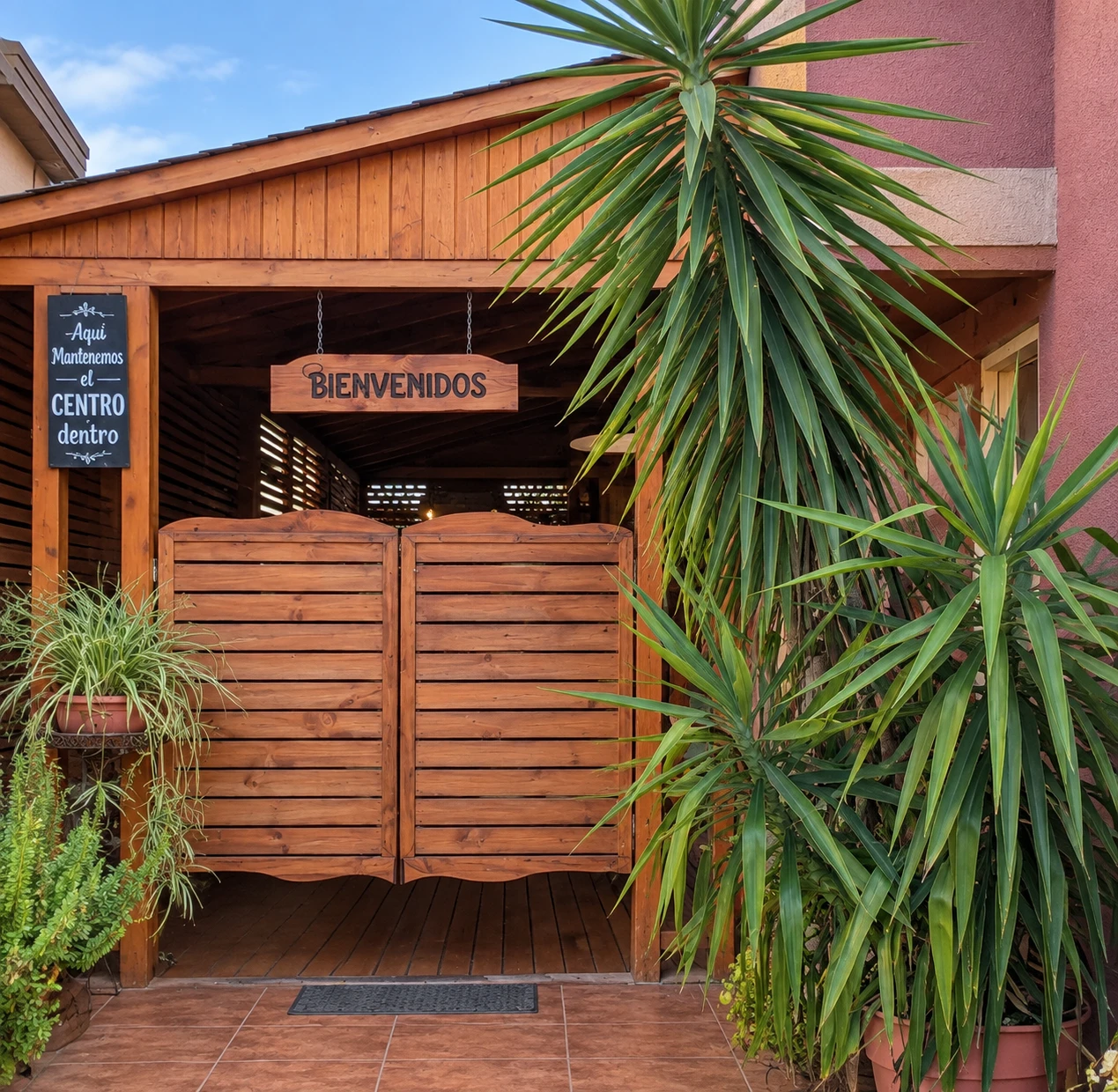 Entrada del restaurant: portón de madera con el letrero Bienvenidos, entre plantas